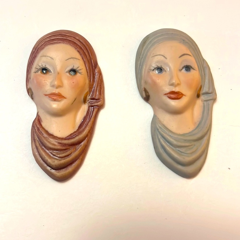 Beautiful Porcelain Lady Face Brooch Pins. Pink lips and brown long lashed eyes